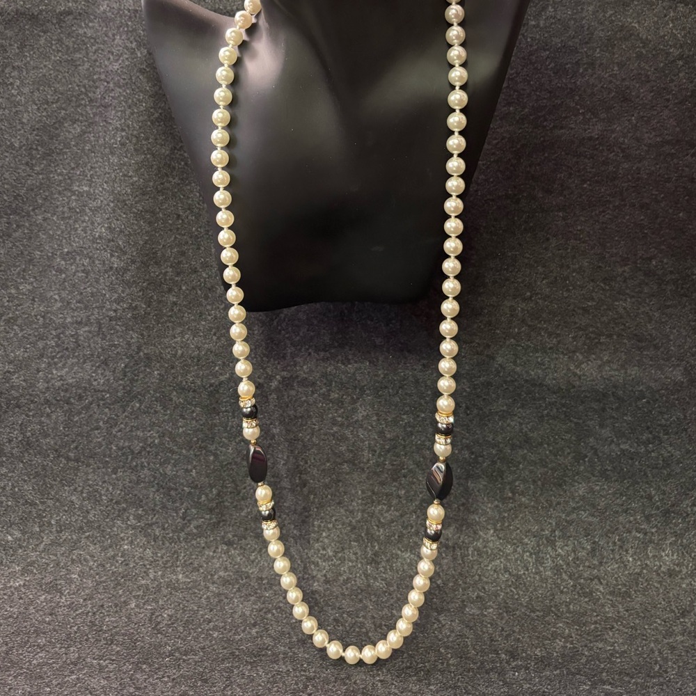 Elegant Long White Pearl with Black Bead Accent Necklace